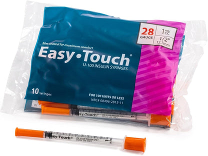 Easy Touch 28 Gauge U-100 Insulin Syringes (28G 1cc 1/2”) with 1/2” Long Needle, 1cc (100 Unit Capacity), Bold Markings for Accurate Dosing, Disposable, Box of 100 - Available at All In One Marketplace Canada