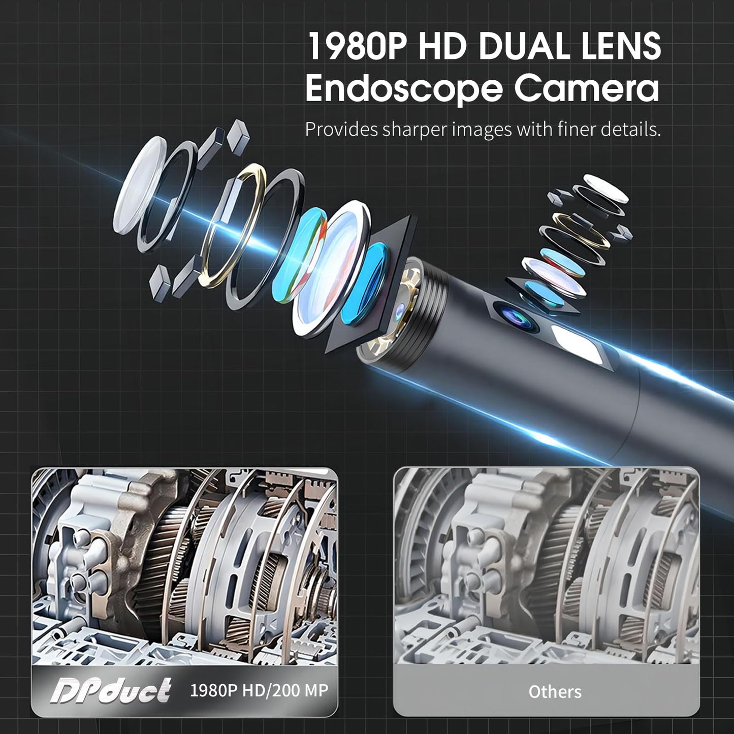 Dual Lens Endoscope Camera with Light, DPduct 1920P HD Borescope Inspection with 8+1 Lights, 7.9mm IP67 Waterproof 16.4ft Semi-Rigid Cable Snake Camera for Android and iOS,iPhone,iPad