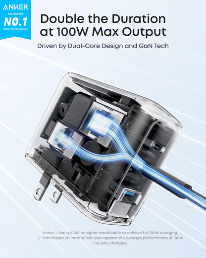 Anker Charger, 100W Max USB C Charger Block, 3-Port GaN and Ultra-Compact Wall Adapter, Smart Displayand Touch Control, for MacBook, iPad, iPhone 17/16 Series, and More (Non-Battery) (Black)