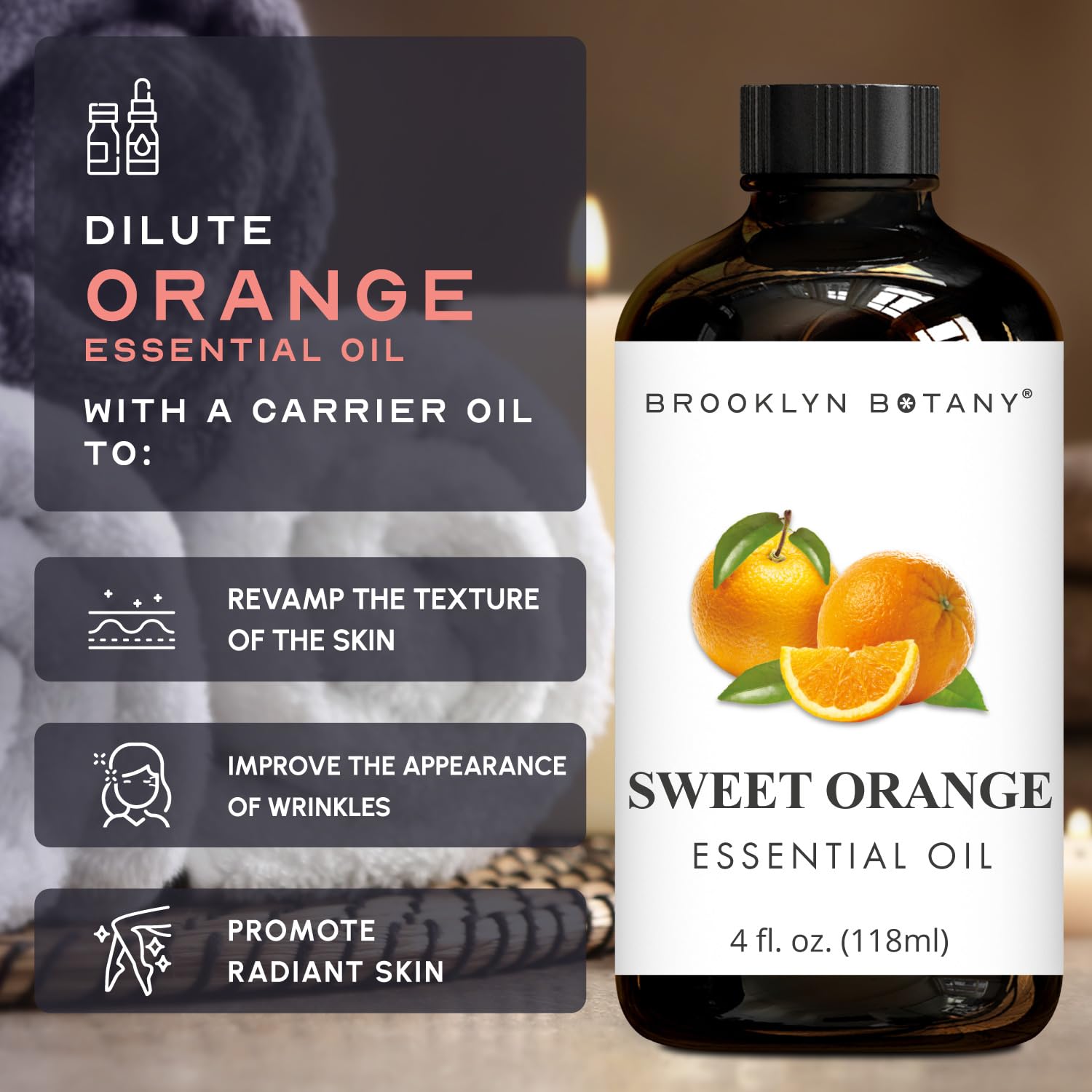 Brooklyn Botany Sweet Orange Essential Oil - Huge 118 ml - 100% Pure and Natural - Premium Grade with Dropper - for Aromatherapy and Diffuser