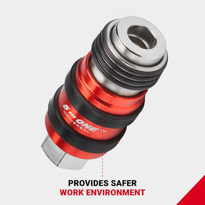 Milton Industries 1750 5 in ONE Universal Safety Exhaust Quick-Connect Industrial Coupler, 1/4" FNPT -Box of 5 , Red