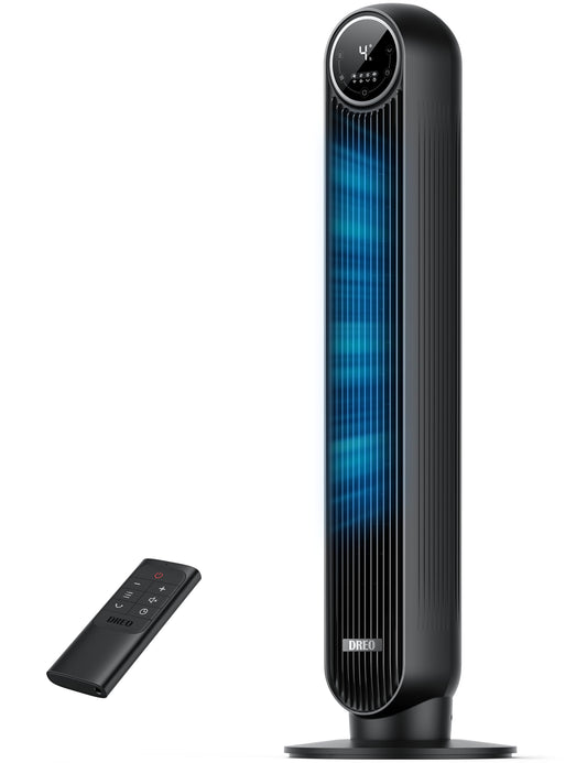 DREO Tower Fan for Bedroom, 2026 Upgraded DC Motor, 28ft/s High Velocity, 20dB Ultra Quiet Standing Fan, 8 Speeds 4 Modes, 90° Oscillating Bladeless Fan for Indoors, Floor Fans with Remote, Black