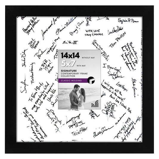 Cadre de mariage Americanflat 14x14 avec verre résistant aux éclats - Utilisation comme cadre 5x7 avec passe-partout ou pour afficher des photos 14x14 sans passe-partout - Collection Signature - Cadre pour autographes à suspendre - Noir
