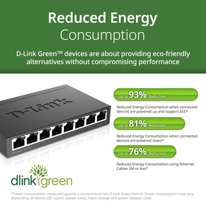 D-Link DGS-108, 8 Port Gigabit Ethernet Switch Unmanaged, Network Splitter, Silent Fanless, Network Hub, Sturdy Metal with Shielded Ports, Compact Desktop/Wall Mount, QoS, Energy Saving, Plug and Play D-Link