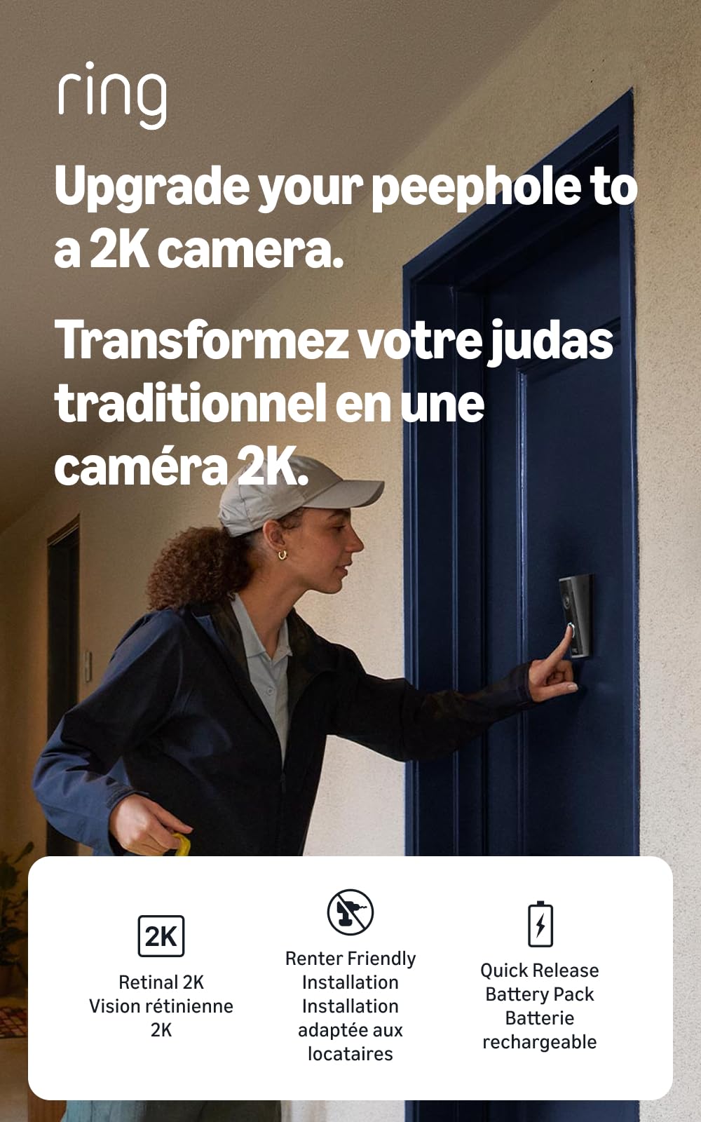 Ring Peephole Cam 2K (Newest Model), replaces physical peephole viewing with Retinal 2K and wide-angle video, renter-friendly installation, Speckled Gray