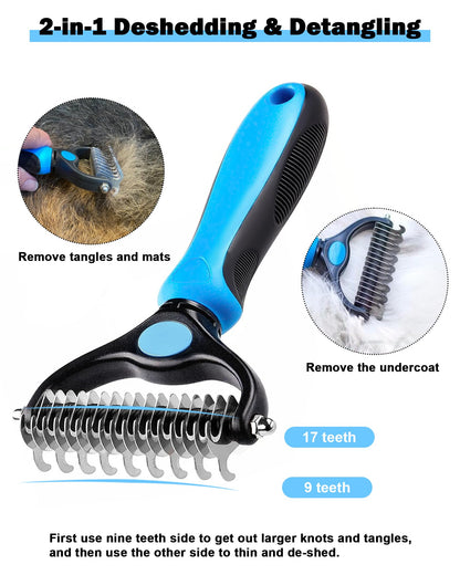 Dog and Cat Brush for Shedding and Dematting - Deshedding Undercoat Rake for Long Haired Dogs and Cats, Double Sided Pet Grooming Brush with Steel Comb, Blue