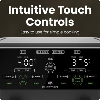 CHEFMAN 6 Quart Dual Basket Air Fryer Oven with Easy View Windows, Sync Finish, Hi-Fry, Auto Shutoff, 2 Independent 3Qt Nonstick Dishwasher Safe Frying Baskets, Digital Double Air Fryer - Black - Available at All In One Marketplace Canada