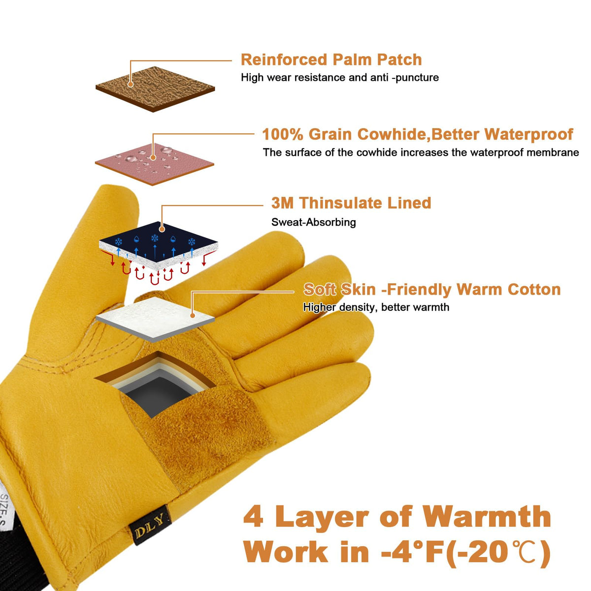 DLY Winter Work Gloves for Men,Insulated Work Gloves,Warm,Cowhide,Yellow,M 🍁 All In One Marketplace Canada