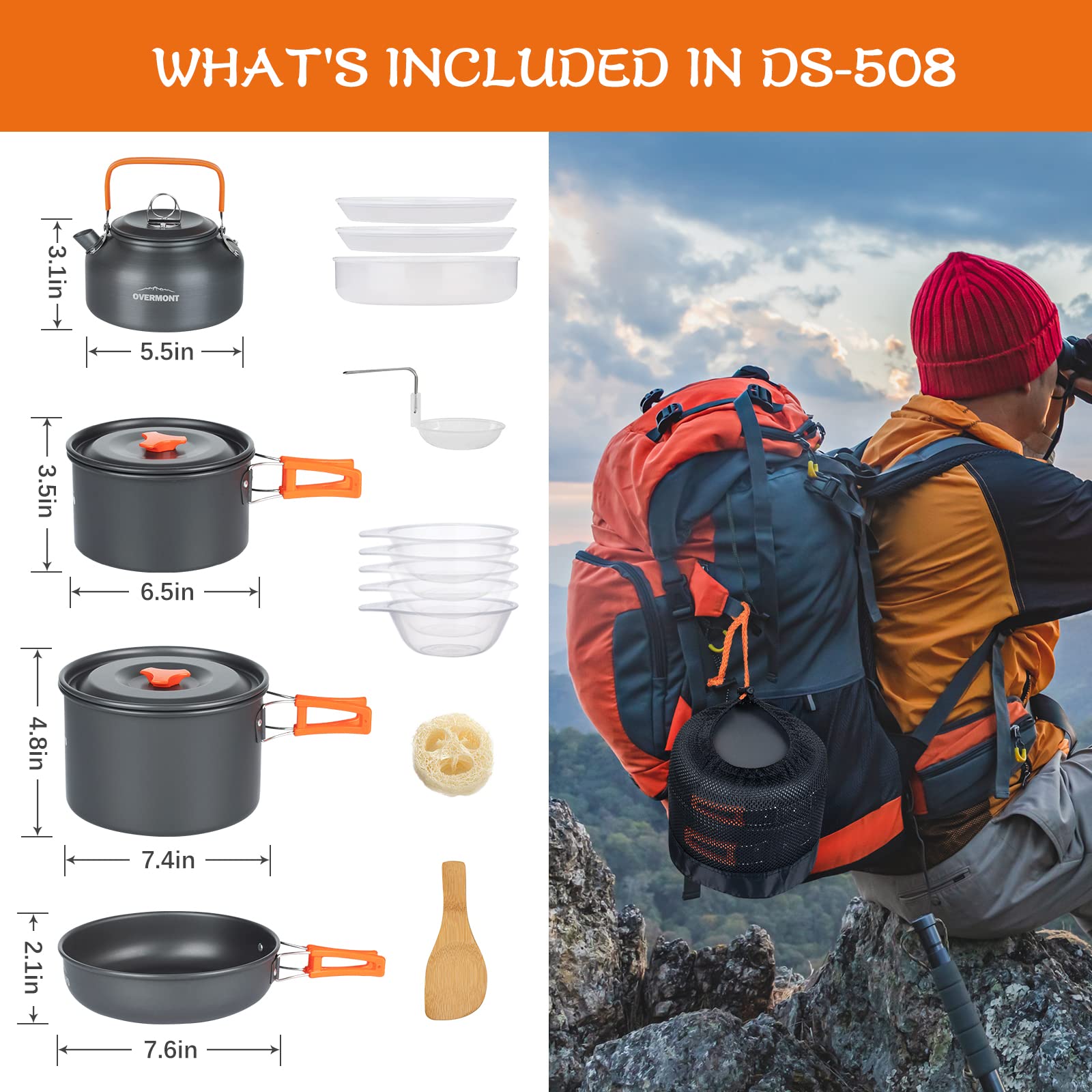 Overmont 16pc Camping Cookware Mess Kit, Portable Camping Cooking Set for Backpacking, Outdoor Hiking and Picnic Pot Pan Kettle Bowl Plate - Available at All In One Marketplace Canada