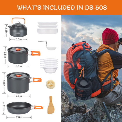 Overmont 16pc Camping Cookware Mess Kit, Portable Camping Cooking Set for Backpacking, Outdoor Hiking and Picnic Pot Pan Kettle Bowl Plate - Available at All In One Marketplace Canada