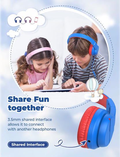 iClever HS19 Kids Headphones with Microphone for School, Volume Limiter 74/85dBA, Over-Ear Girls Boys Headphones for Kids with Shareport, Foldable Wired for iPad/Fire Tablet/Travel, Blue