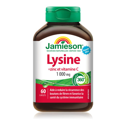 Jamieson Lysine 1,000 mg, with Zinc and Vitamin C, Cold Sore Support, and Helps Immune Health. Essential Amino Acid, Non-GMO, Gluten-Free, 60 Vegetarian Caplets, Proudly Canadian - Available at All In One Marketplace Canada