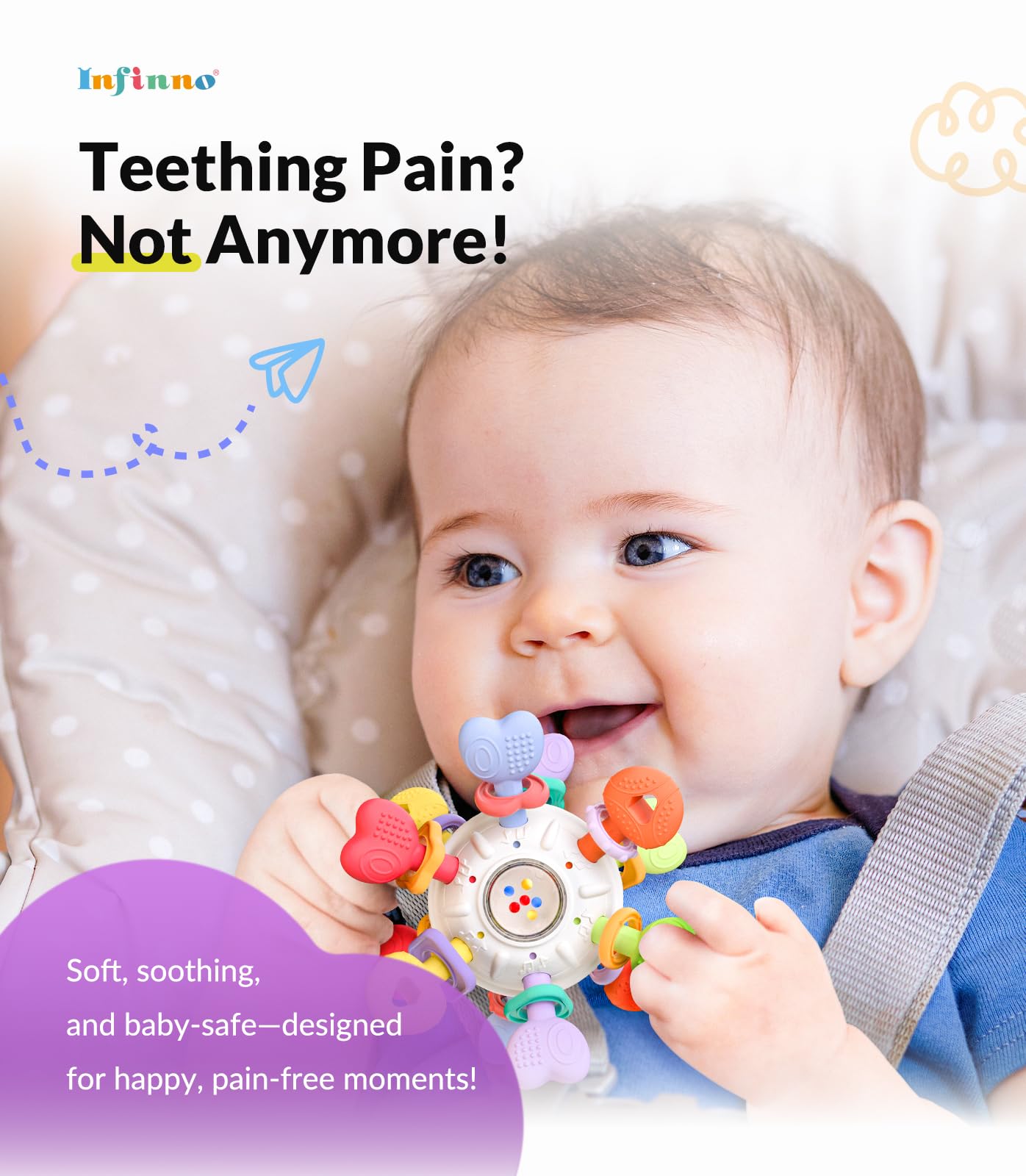 Infinno Baby Teething Toy with Rattle Spinner, BPA-Free Silicone for Baby