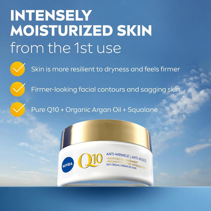 NIVEA Q10 Power Anti-Wrinkle Moisture Replenishment Day Face Cream, Anti Wrinkle Firming Cream, Q10 and Argan Oil, Face Moisturizer for Dry to Very Dry Skin, Visibly Reduces the Look of Wrinkles, 50mL NIVEA