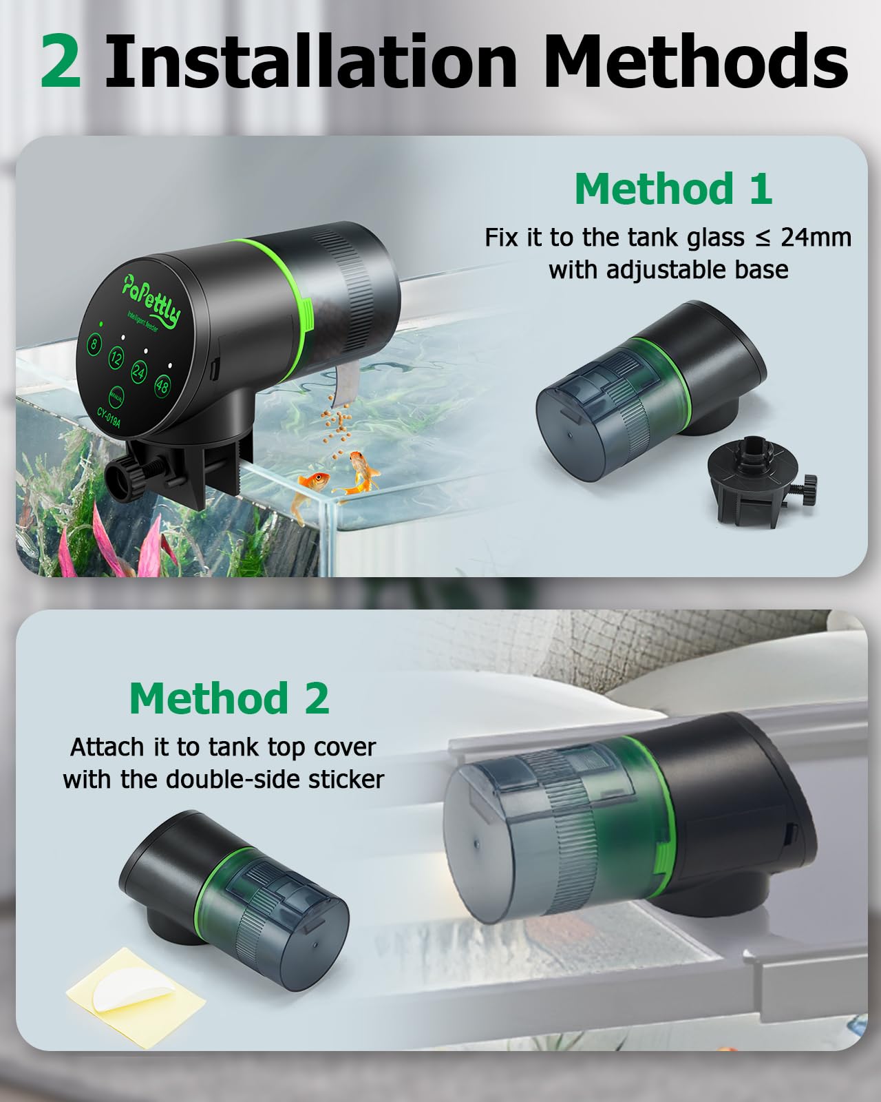 Papettly Automatic Fish Feeder for Aquarium - Battery Operated Auto Fish Food Dispenser for Fish Tank, 200ml Auto Timer Aquarium Tank Turtle Feeder, with 2 AAA Batteries and Fish Feeder Ring