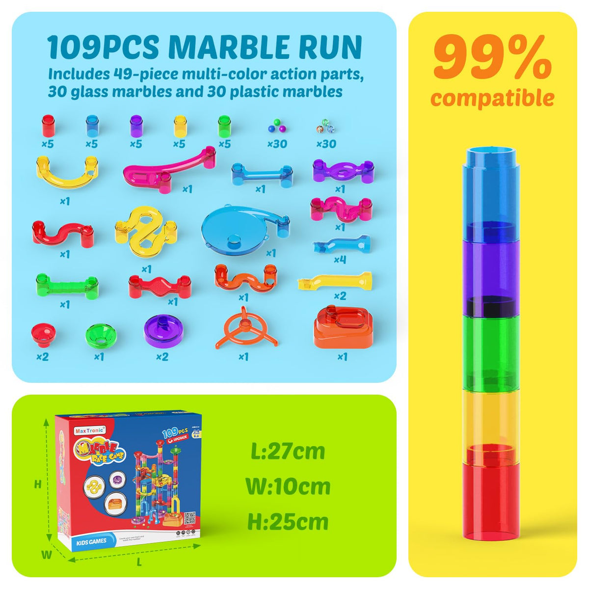 Marble Run, 109 Pcs Marble Maze Race Building Blocks Toy Game & STEM Learning Toys Christmas Birthday Gift for Kids Aged 3-12 🍁 All In One Marketplace Canada