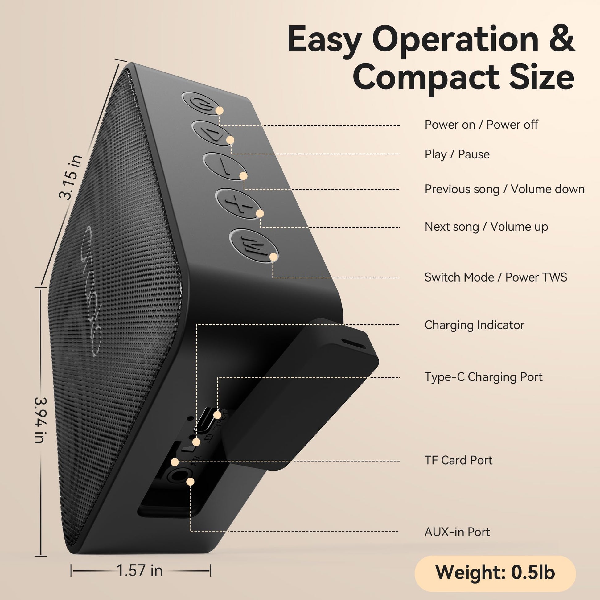 Oraolo Bluetooth Speaker, IPX7 Waterproof Portable Bluetooth Speaker with Stereo Sound, Bluetooth 5.4, Support AUX/TF Card, TWS Pairing,Small Wireless Speaker for Home, Shower, Outdoors, Travel Black - Available at All In One Marketplace Canada