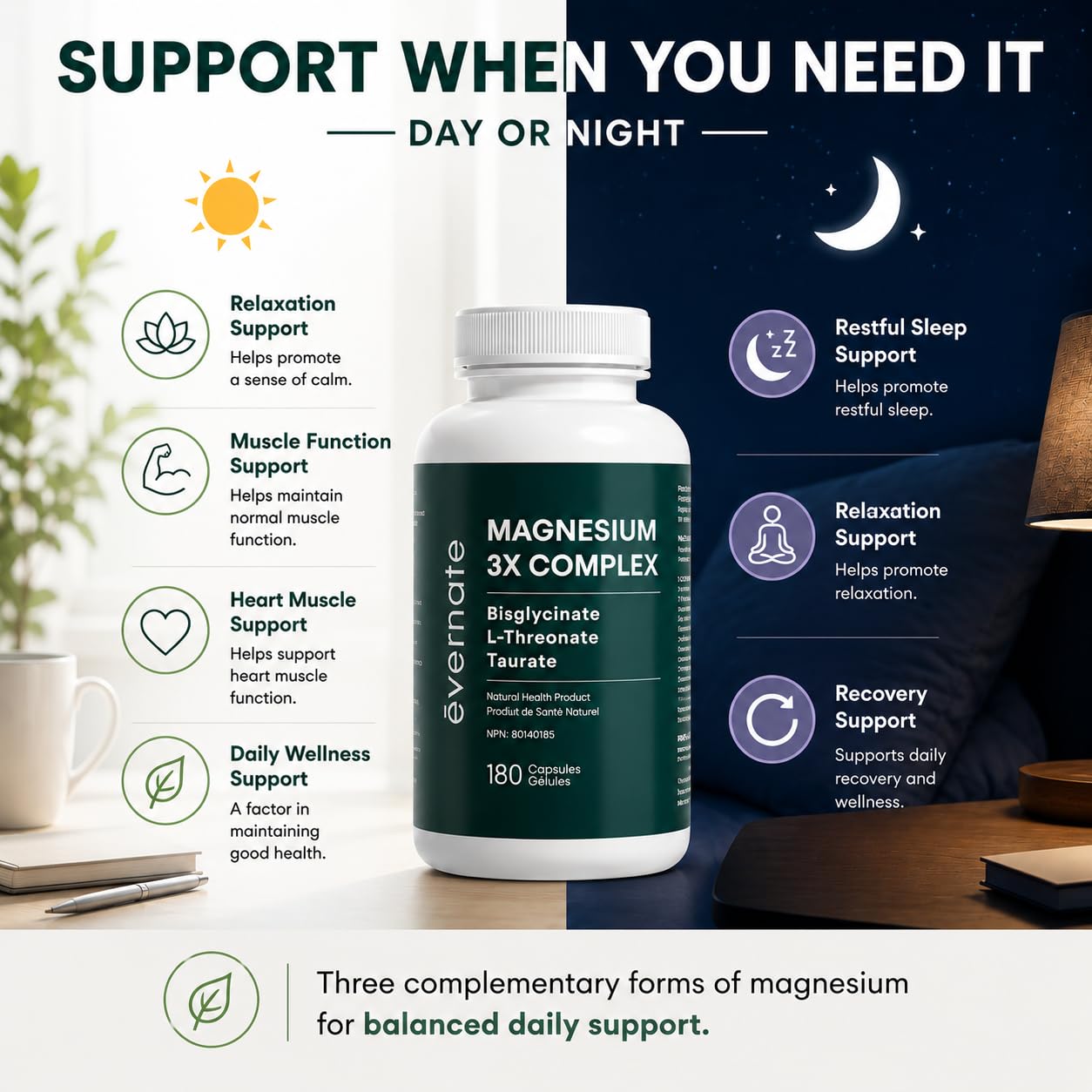 ALL-IN-ONE Magnesium Complex – Magnesium Glycinate (Bisglycinate) Chelated, L-Threonate & Taurate (200mg Elemental per Daily Dose) – Sleep, Stress, Muscle & Heart Support – High Absorption Magnesium Supplement – 180 Vegan Capsules – Made in Canada - Available at All In One Marketplace Canada