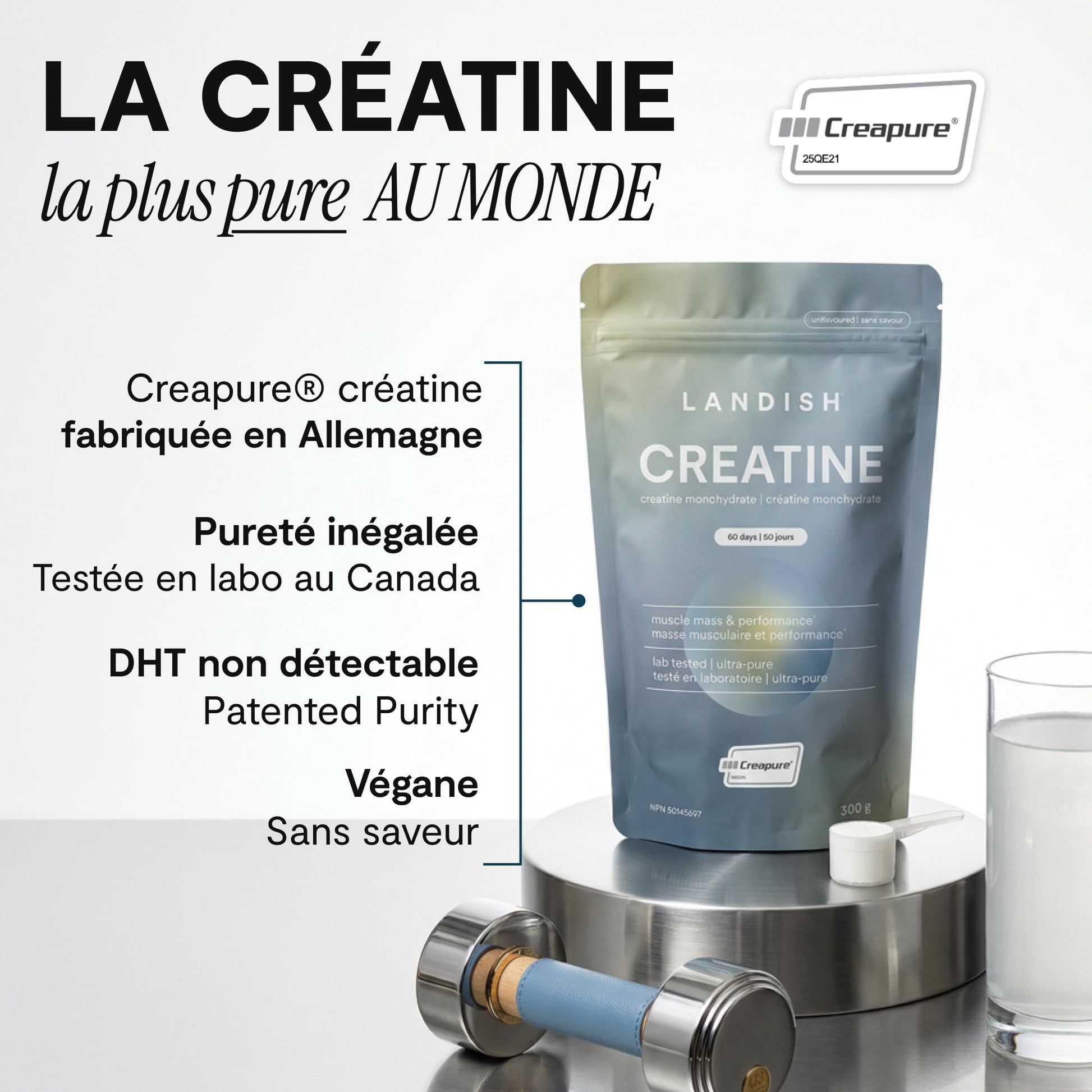Landish Creatine Monohydrate Powder – Creapure®, German-Made Micronized Creatine – Canadian Brand – Increases Muscle Mass & Improves Strength – For Women & Men – Vegan –Unflavoured – 300 g (60 Servings) - Available at All In One Marketplace Canada