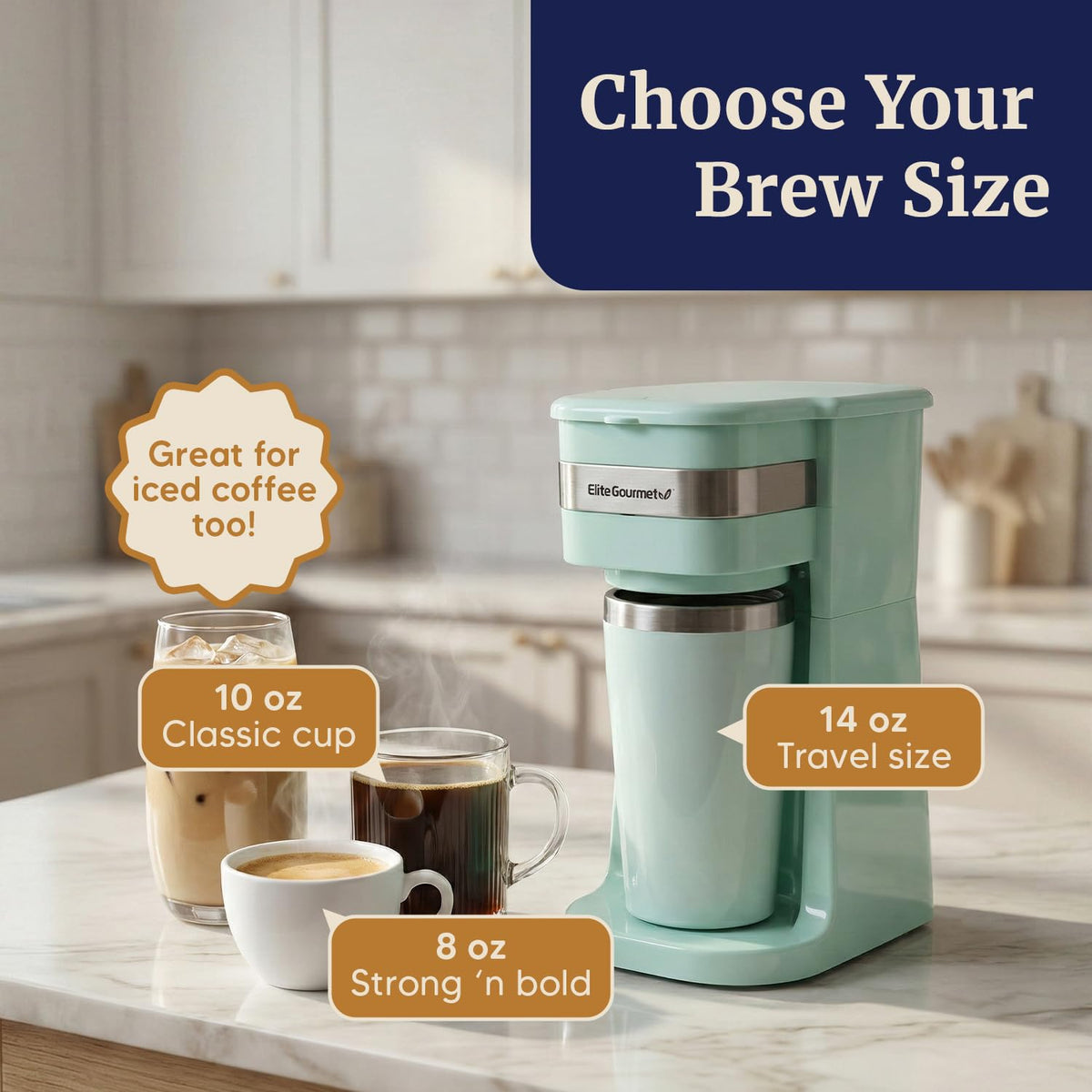 Elite Gourmet EHC113M Personal Single-Serve Compact Coffee Maker Brewer Includes 14Oz. Stainless Steel Interior Thermal Travel Mug, Compatible with Coffee Grounds, ReCaable Filter, Mint