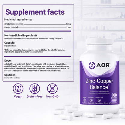 AOR Zinc Copper Balance 17mg, 100 V-Caps, 100-Day Supply - Nutrient Support for Skin, Hair, Bone & Overall Wellness, NON-GMO & Gluten-Free, Easy-to-Swallow, Zinc & Copper Supplements for Men & Women - Available at All In One Marketplace Canada