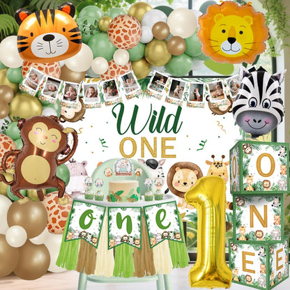 Wild Birthday Decorations, Safari Jungle Theme 1st Birthday Decorations for Boy or Girl, Photo Banner, Balloon Box, Balloons Garland, Foil balloons, High Chair Banner, Wild Backdrop, Cake Topper 🍁 All In One Marketplace Canada