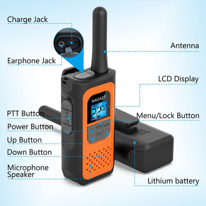 NXGKET Walkie Talkies for Kids Adults, Rechargeable Long Range Walky Talky 2 Way Radios 22 Channels with 1200mAh Li-ion Battery USB-C Cable for Family Outdoors Camping Hiking Toys Gift 4 Pack