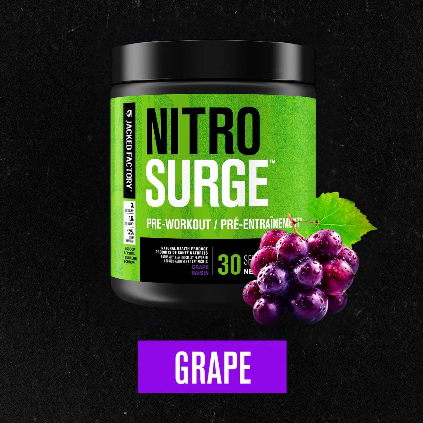 NITROSURGE Pre Workout Supplement - Endless Energy, Instant Strength Gains, Clear Focus, Intense Pumps - Nitric Oxide Booster & Preworkout Powder with Beta Alanine - 30 Servings, Grape