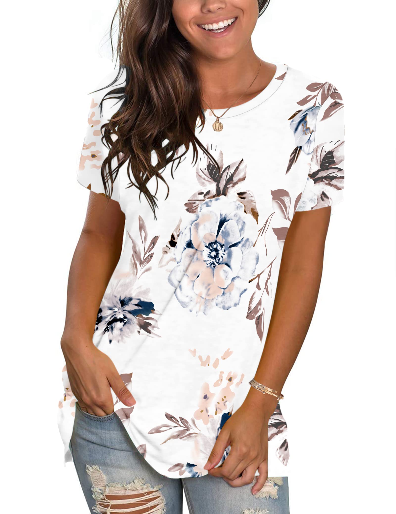 WNEEDU Womens Tops Summer T-Shirt Short Sleeve Crewneck Loose Fit Casual Basic Tee Tops 2026 New Floral White XL