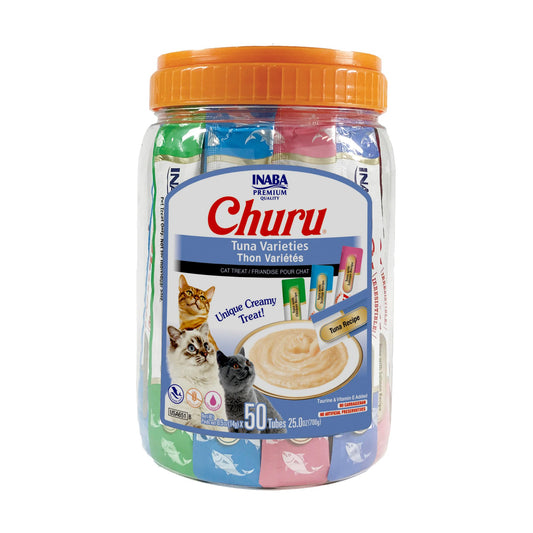 INABA Churu Cat Treats, Grain-Free, Lickable, Squeezable Creamy Purée Cat Treat/Topper with Vitamin E & Taurine, 0.5 Ounces Each Tube - 50 Tubes (Pack of 1) Tuna Variety
