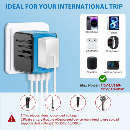 Universal International Travel Power Adapter, All in One Wall Charger with High Speed 2.4A 3xUSB, 3.0A Type-C, European Adapter, Worldwide AC Outlet Plugs for UK, EU, AU & Asia (Blue) - Available at All In One Marketplace Canada