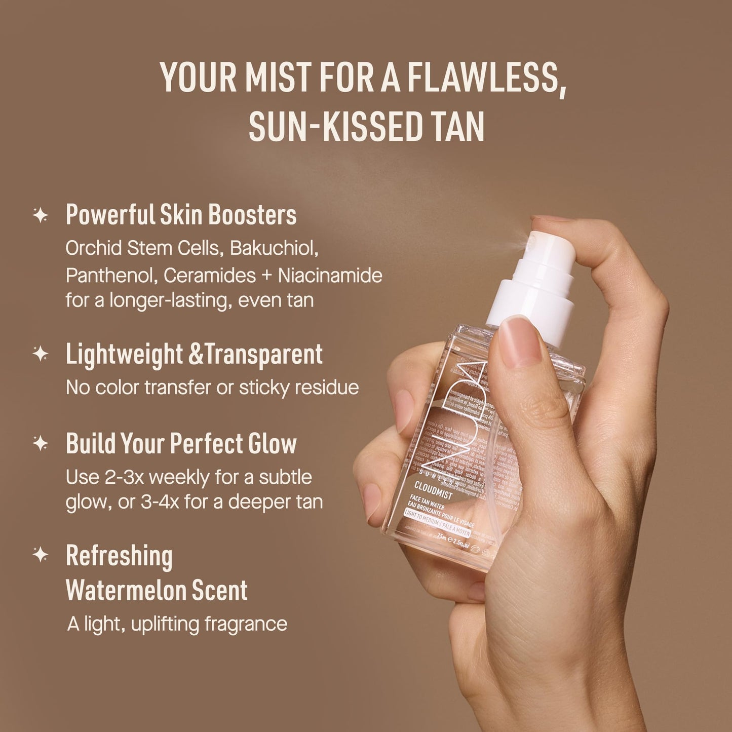 Nuda CloudMist Face Tan Water | Buildable Facial Tanning Mist for Light to Medium Complexions | Infused with Vitamins and White Tea & Rosehip Extracts | Lightweight, Bronzer-Free Formula, (75 mL) - Available at All In One Marketplace Canada