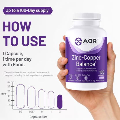 AOR Zinc Copper Balance 17mg, 100 V-Caps, 100-Day Supply - Nutrient Support for Skin, Hair, Bone & Overall Wellness, NON-GMO & Gluten-Free, Easy-to-Swallow, Zinc & Copper Supplements for Men & Women - Available at All In One Marketplace Canada