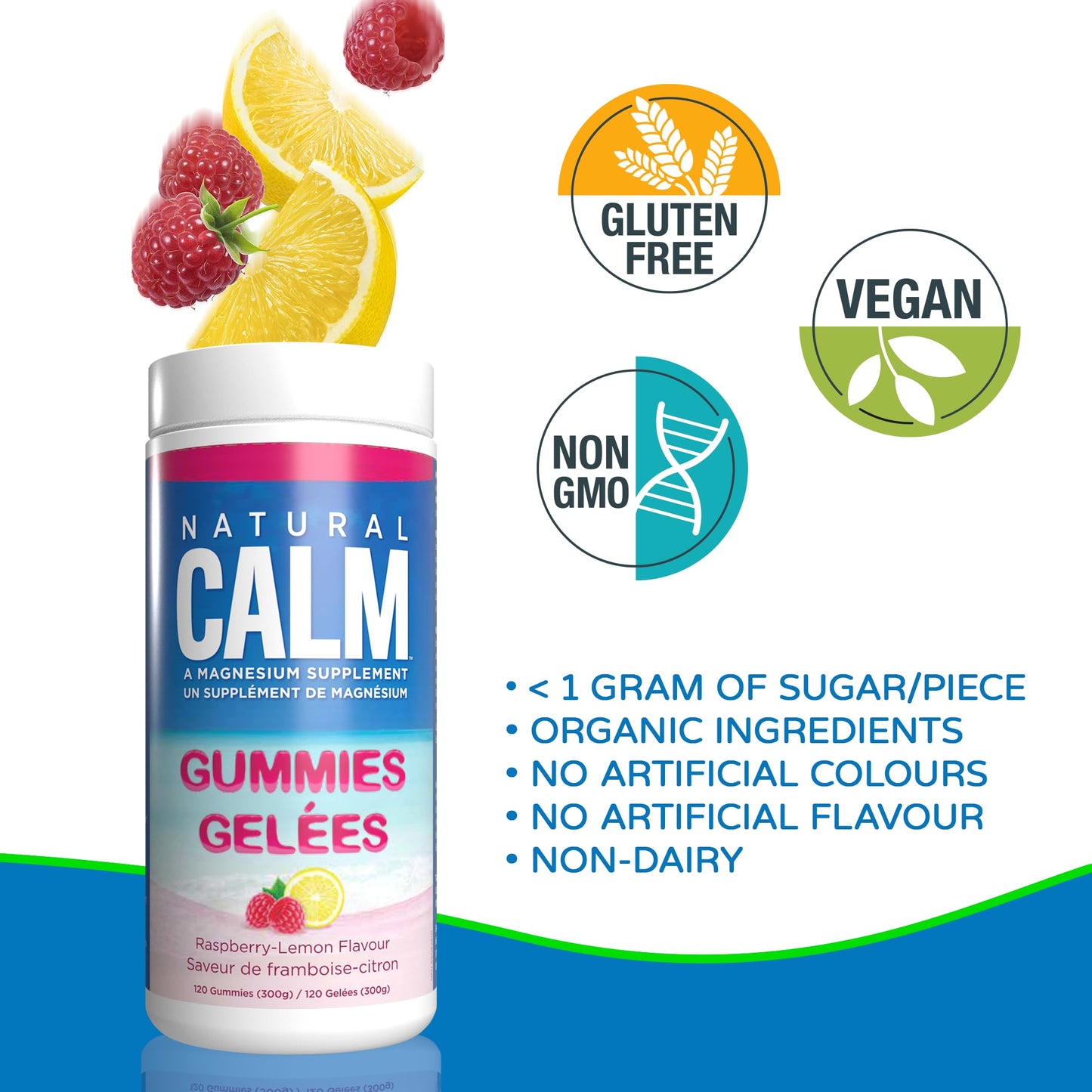 Natural Calm Magnesium Gummies (Raspberry Lemon Flavour), 120 Count - Chewable - Fast Absorbing - Relaxing - Vegan, Gluten-free, Ages 4 and up