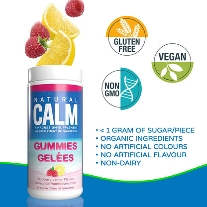 Natural Calm Magnesium Gummies (Raspberry Lemon Flavour), 120 Count - Chewable - Fast Absorbing - Relaxing - Vegan, Gluten-free, Ages 4 and up
