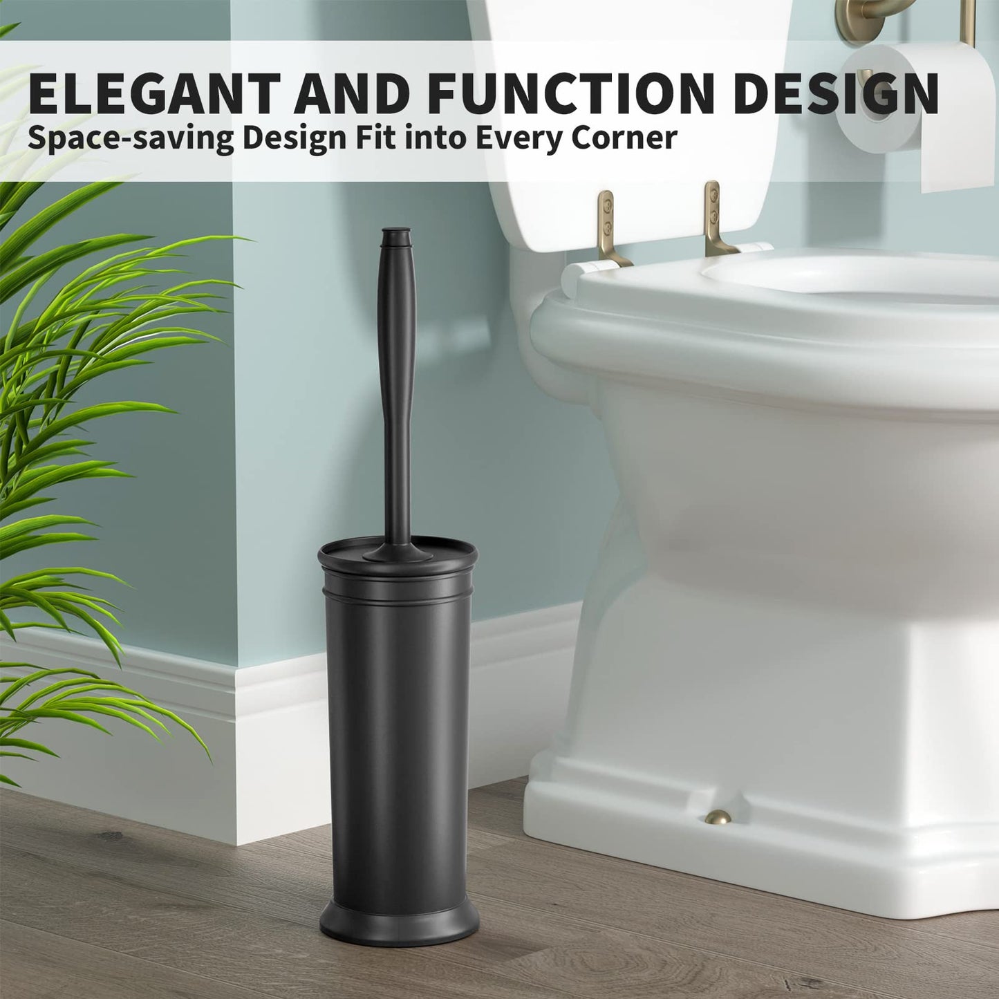 UPTRONIC Toilet Brush, Toilet Bowl Brush with Extra Long Handle Durable Bristles Toilet Scrubber and Covered Holder for Toilet Brush Set for Bathroom Cleaning (Black-01)