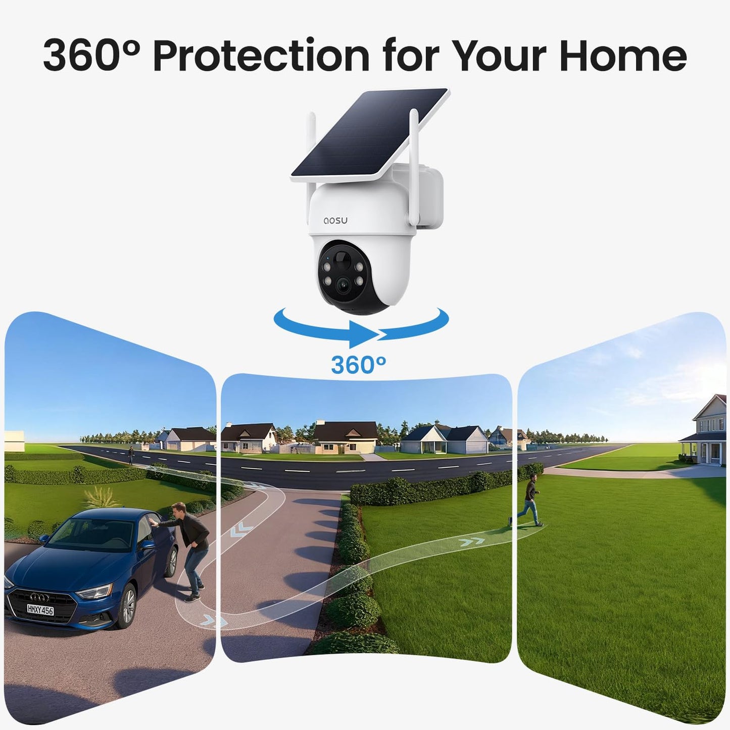 AOSU Security Cameras Outdoor Wireless, 2 Cam-Kit, No Subscription Required, Solar-Powered, Home Security Cameras System with 360° Pan & Tilt, Auto Tracking, 2K Color Night Vision, Easy Setup