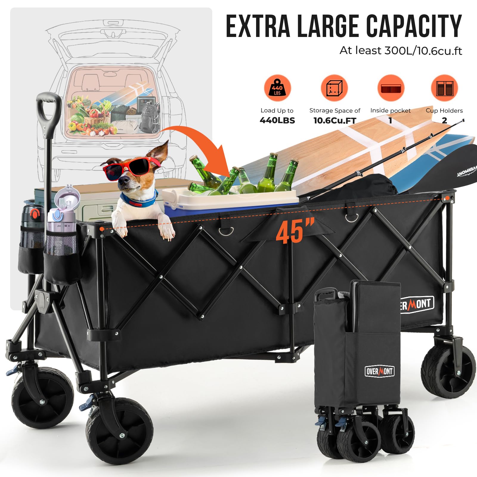 Overmont 300L Foldable Collapsible Wagon - Heavy Duty Utility Beach Wagon Cart with Rotatable Wide Wheels Inside Pockets for Camping Garden Shopping Sports - 440lbs Load OVERMONT