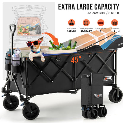 Overmont 300L Foldable Collapsible Wagon - Heavy Duty Utility Beach Wagon Cart with Rotatable Wide Wheels Inside Pockets for Camping Garden Shopping Sports - 440lbs Load OVERMONT