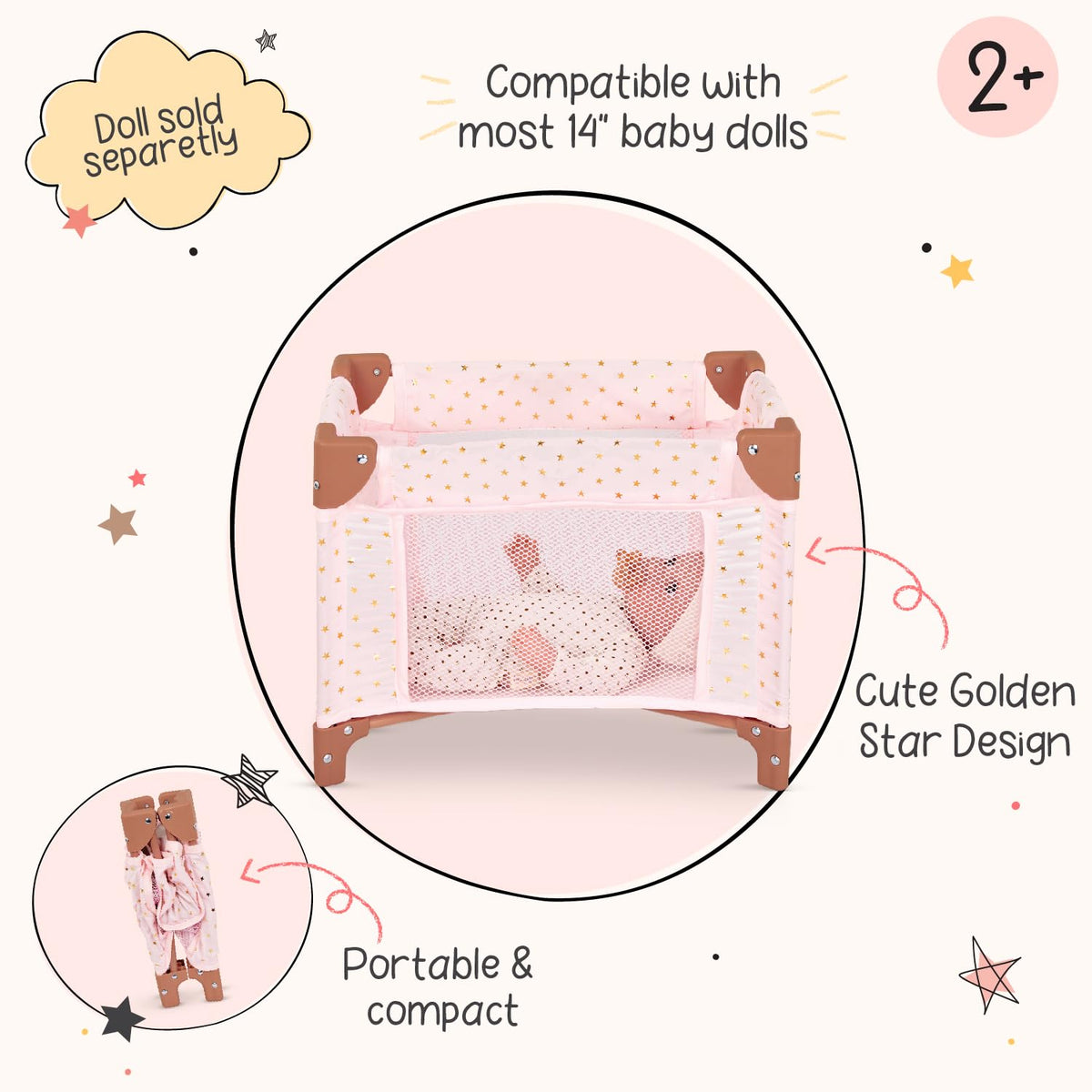 LullaBaby Doll Playpen, Folding Pink Baby Doll Crib, Star Print Design