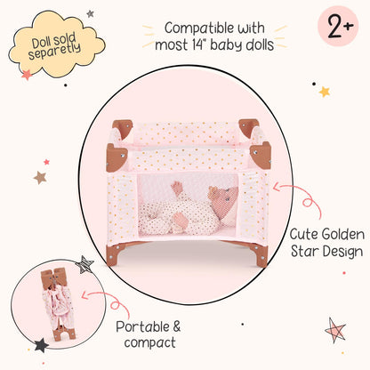 LullaBaby Doll Playpen, Folding Pink Baby Doll Crib, Star Print Design