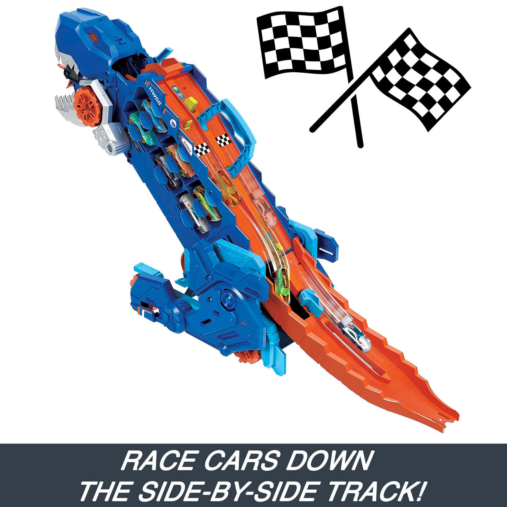 Hot Wheels City Toy Car Track Set, Ultimate T-Rex Transporter, Hauler Transforms into Stomping Dino with Race Track, from Netflix Series “Let’s Race” Hot Wheels