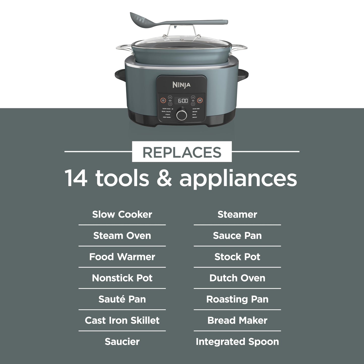 Ninja MC1001C Foodi PossibleCooker PRO 8.5 Quart Multi-Cooker, with 8-in-1 Slow Cooker,Dutch Oven,Steamer &More,Glass Lid & Integrated Spoon,Nonstick,Oven Safe Pot to 500°F,Sea Salt Gray,Sea Salt Grey - Available at All In One Marketplace Canada