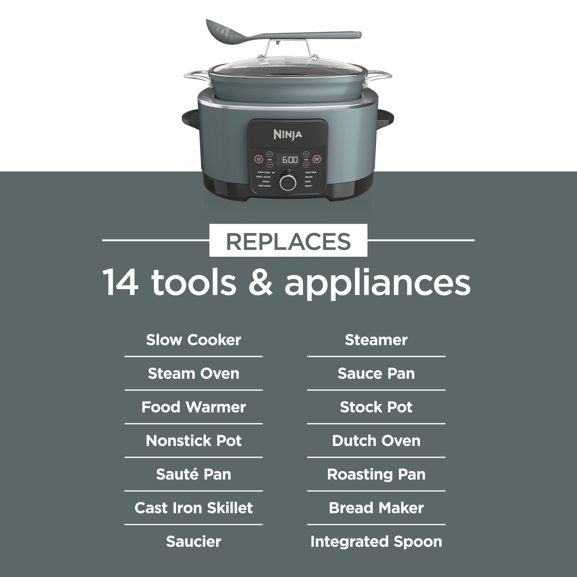 Ninja MC1001C Foodi PossibleCooker PRO 8.5 Quart Multi-Cooker, with 8-in-1 Slow Cooker,Dutch Oven,Steamer &More,Glass Lid & Integrated Spoon,Nonstick,Oven Safe Pot to 500°F,Sea Salt Gray,Sea Salt Grey - Available at All In One Marketplace Canada