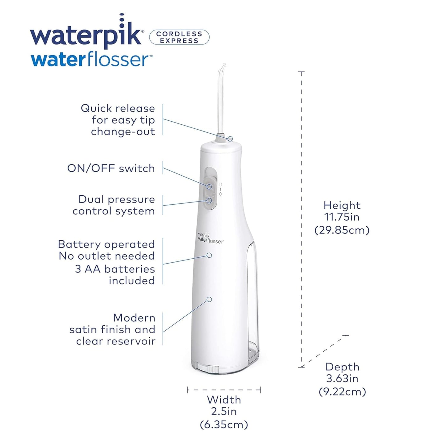 Waterpik Cordless Express Water Flosser, Battery Operated & Portable for Travel & Home, CDA Validated, Waterproof for Shower Use, White WF-02, Packaging May Vary Waterpik