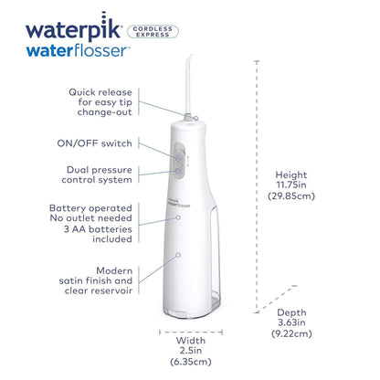 Waterpik Cordless Express Water Flosser, Battery Operated & Portable for Travel & Home, CDA Validated, Waterproof for Shower Use, White WF-02, Packaging May Vary Waterpik