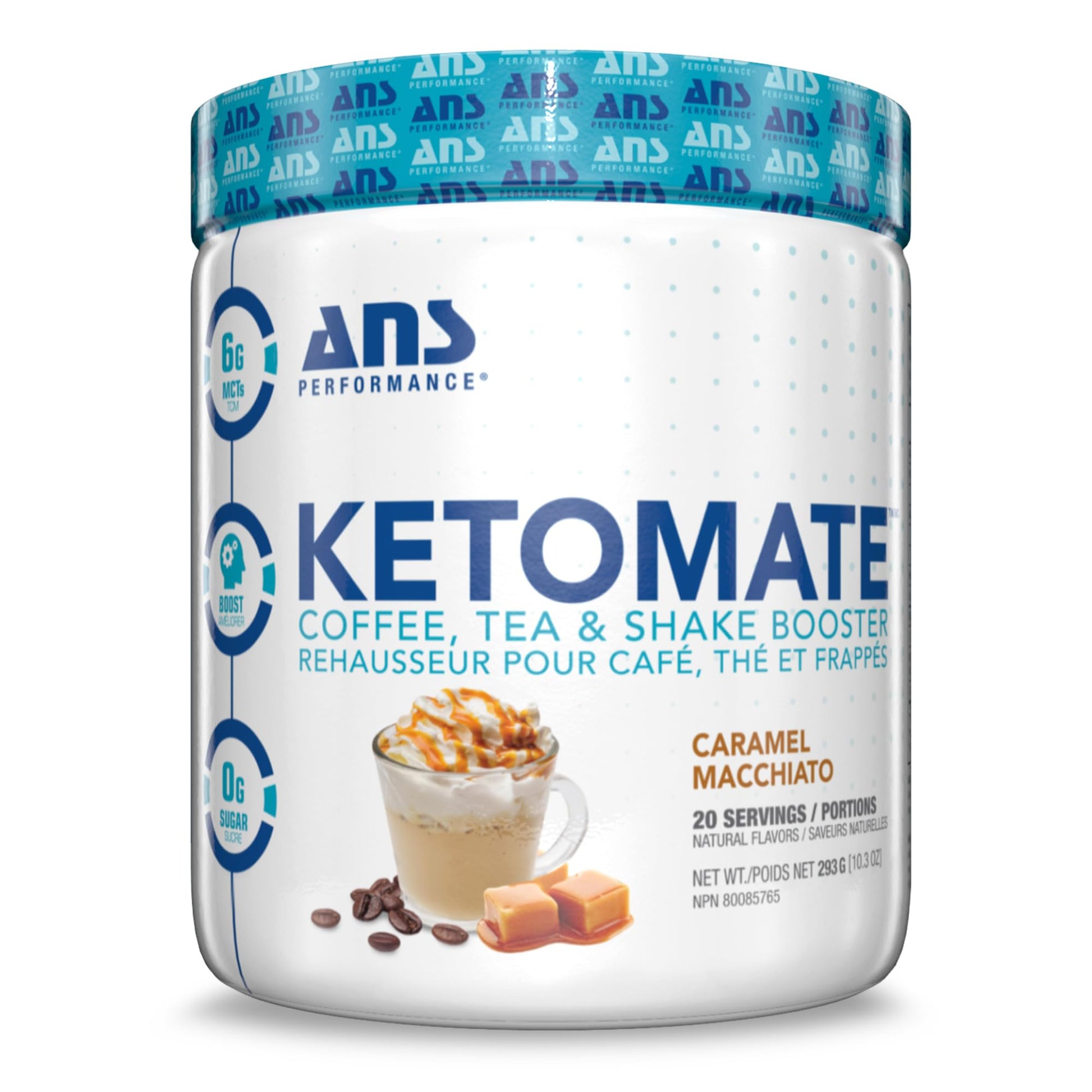 ANS Performance Ketomate Coffee Creamer with MCT Oil Powder – Caramel Macchiato, Sugar-Free, Keto-Friendly Beverage Mix, 20 Servings (293g / 10.3 oz)