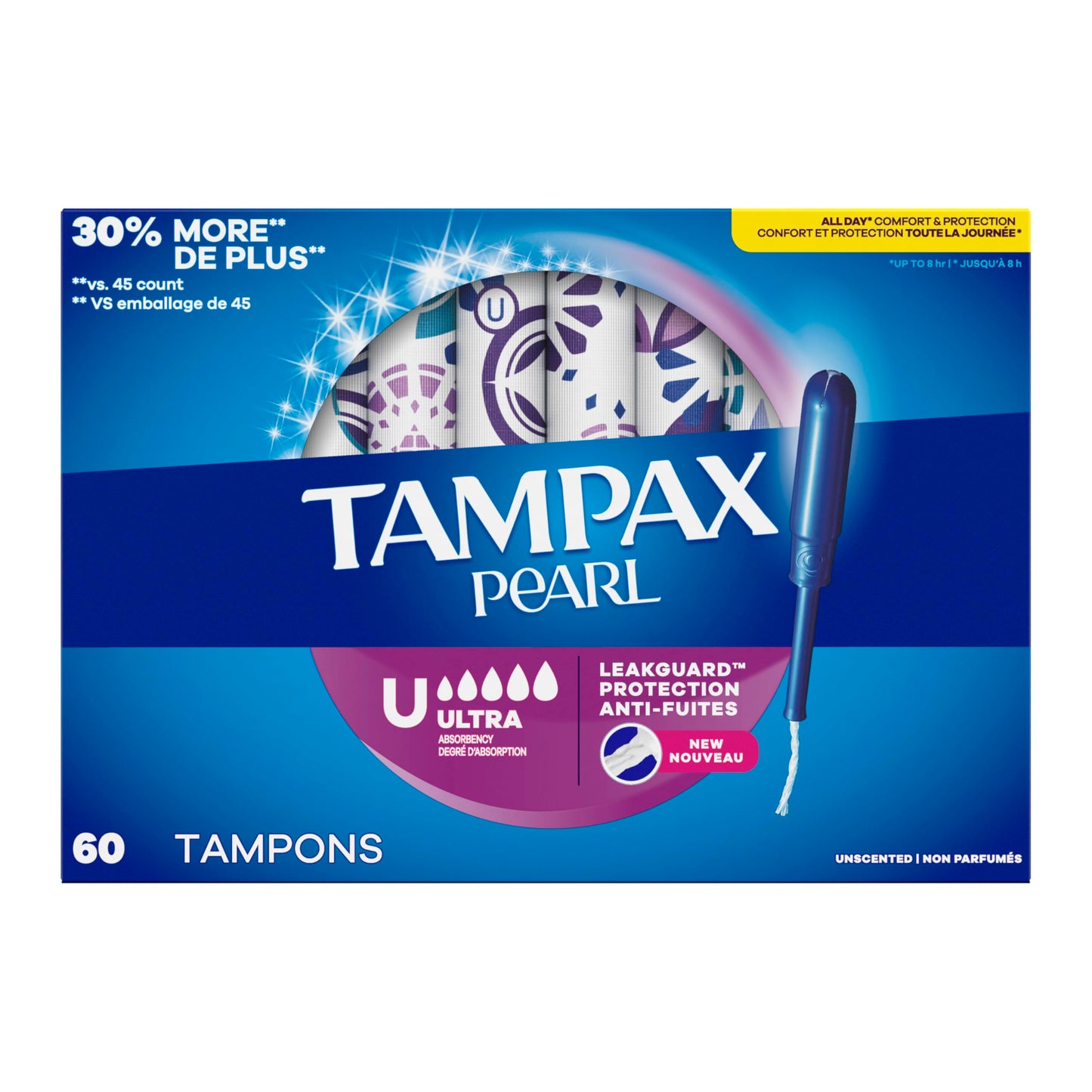 Tampax Pearl Tampons, with LeakGuard Braid, Ultra Absorbency, Unscented, 60 Count
