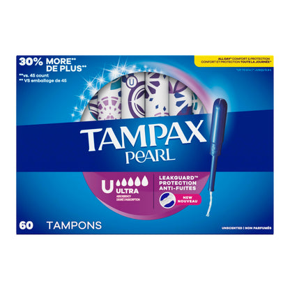 Tampax Pearl Tampons, with LeakGuard Braid, Ultra Absorbency, Unscented, 60 Count