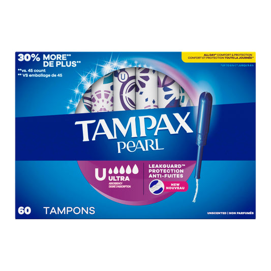 Tampax Pearl Tampons, with LeakGuard Braid, Ultra Absorbency, Unscented, 60 Count